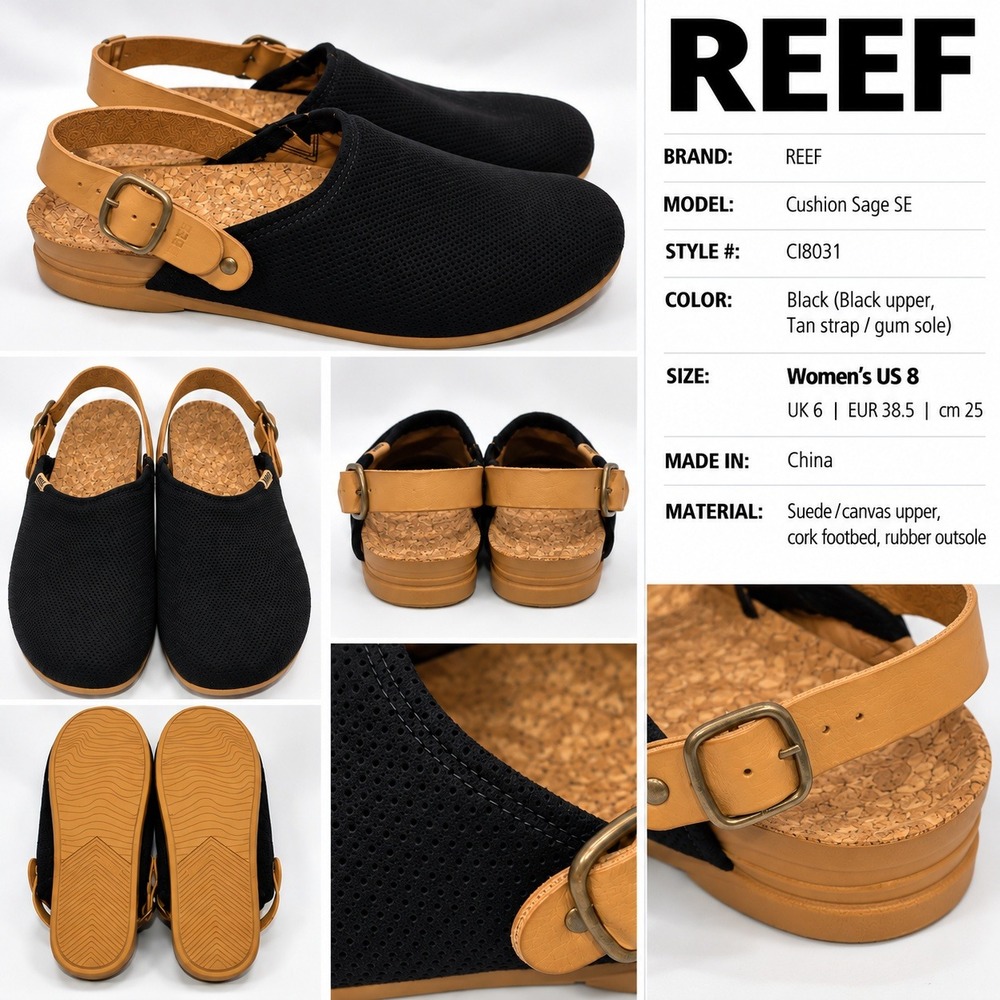 Reef Cushion Sage SE Black Suede Cork Footbed Clogs CI8031 Womens 8